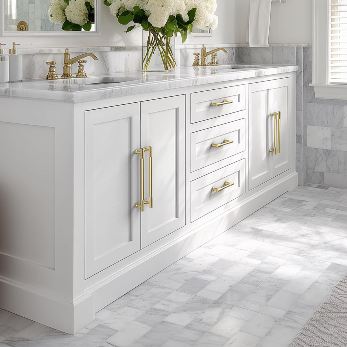 VEHCIL brushed gold fingerprint-resistant cabinet hardware in use.