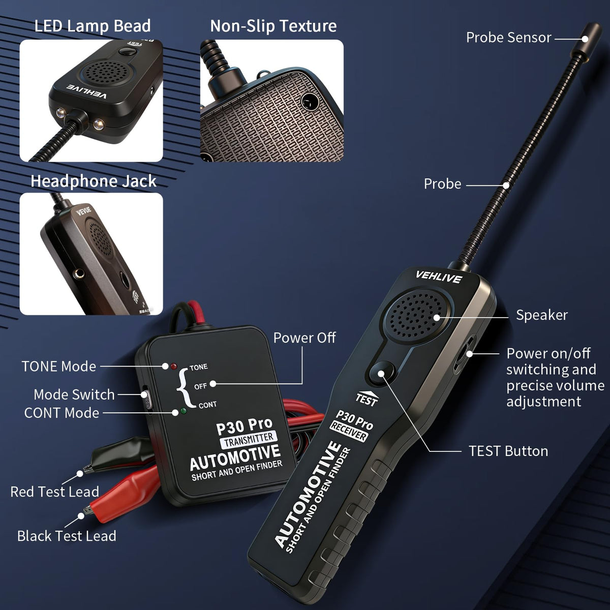 VEHLIVE P30 Pro receiver detects shorts without insulation damage.