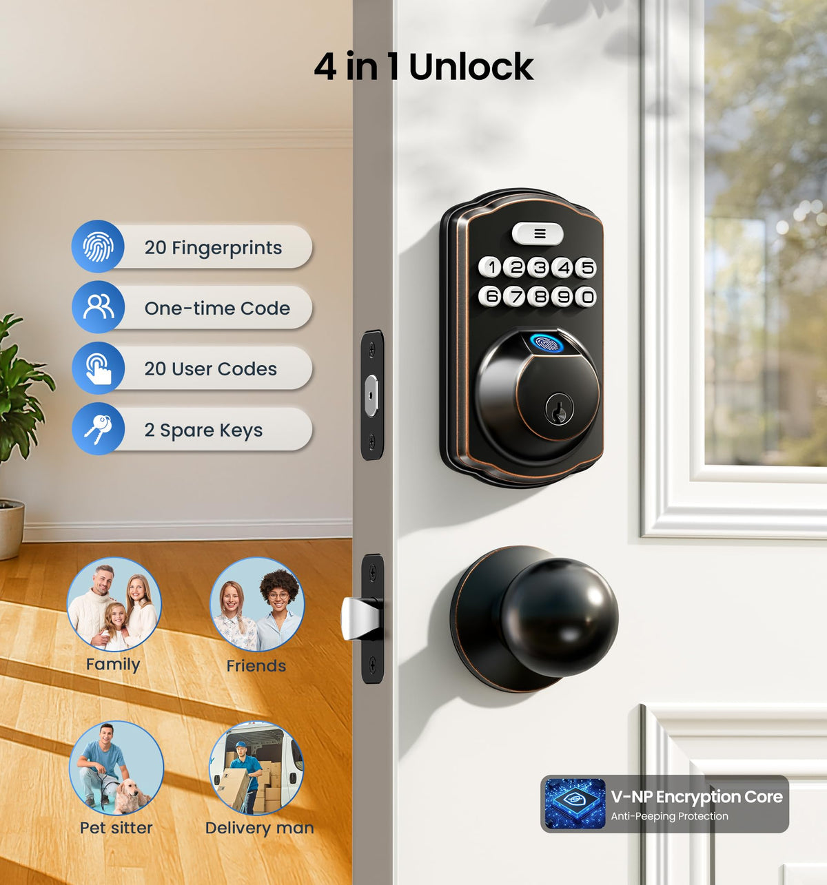 Veise auto-lock and one-touch lock provide quick security from outside