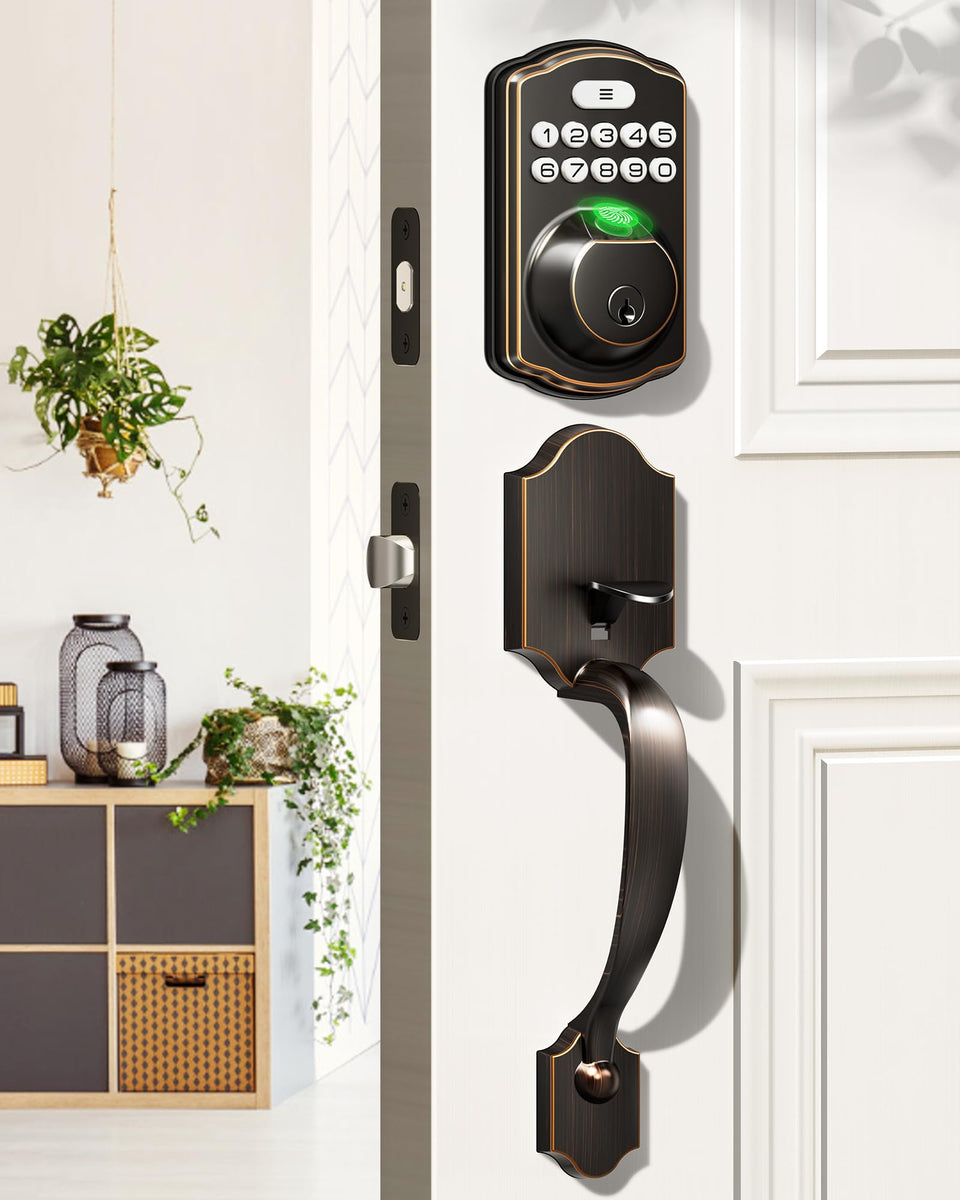 Veise fingerprint door lock front view highlights secure entry in oil-rubbed bronze.