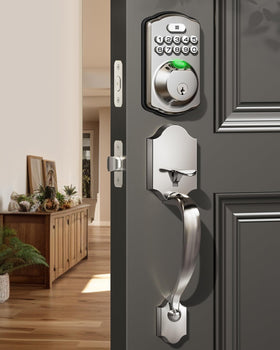 Veise fingerprint door lock front view showing keyless entry and satin nickel finish.