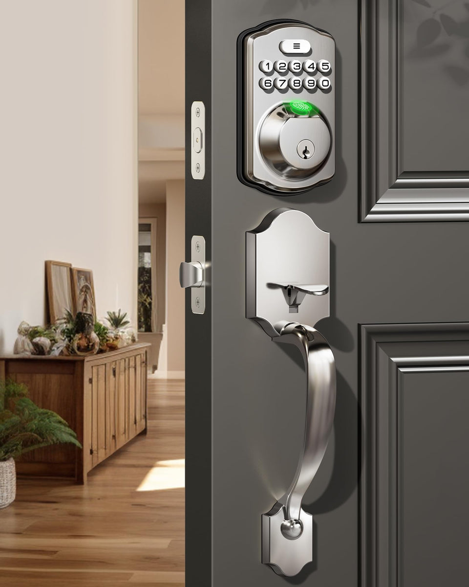 Veise fingerprint door lock front view showing keyless entry and satin nickel finish.