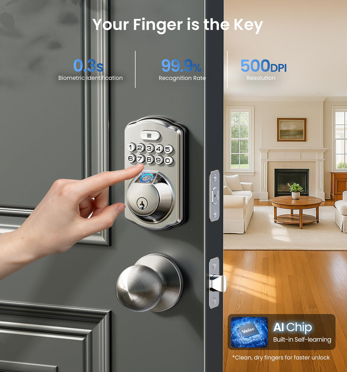 Veise fingerprint door lock keypad active showing flexible access