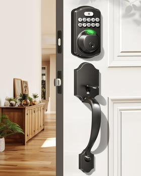 Veise fingerprint door lock set front view showing matte black finish