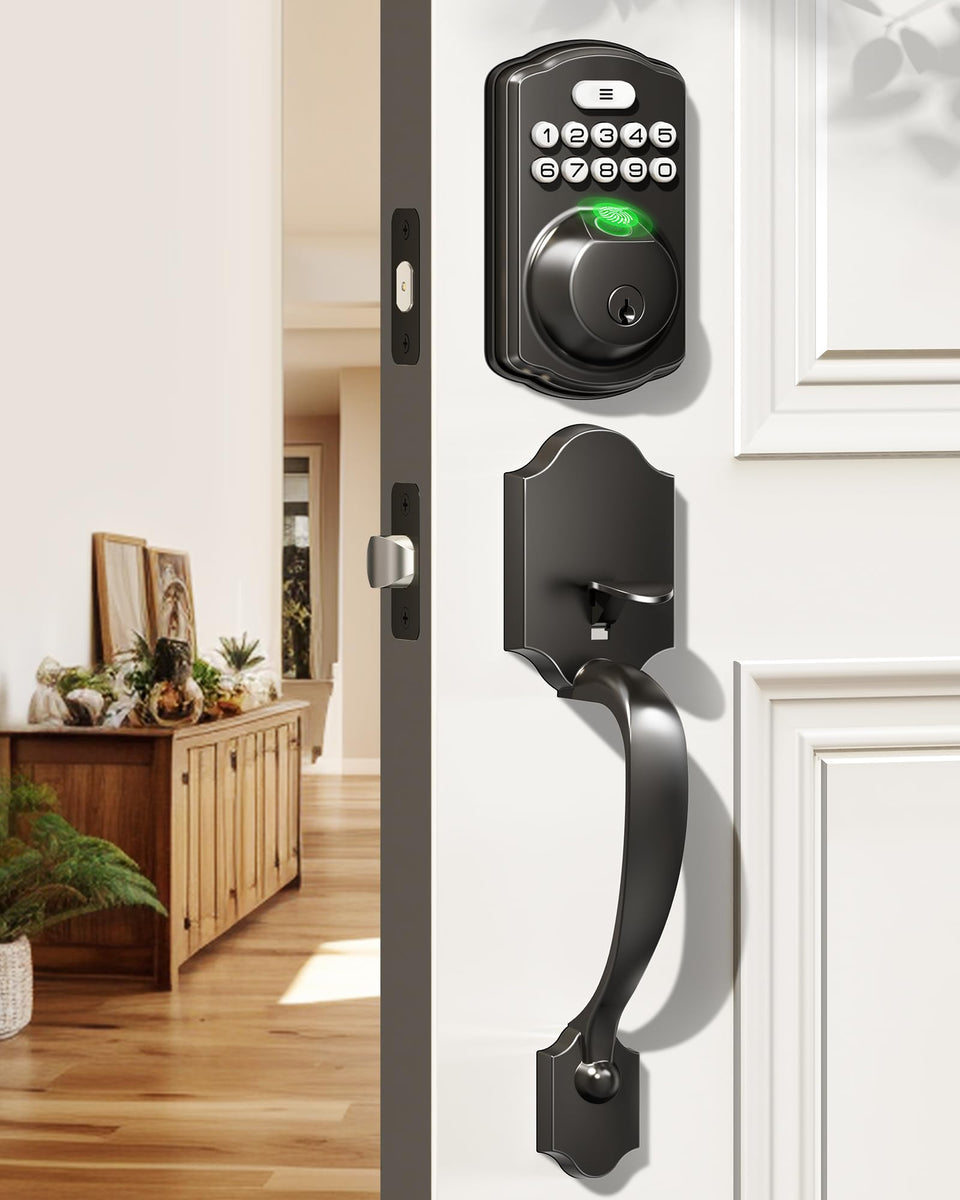 Veise fingerprint door lock set front view showing matte black finish