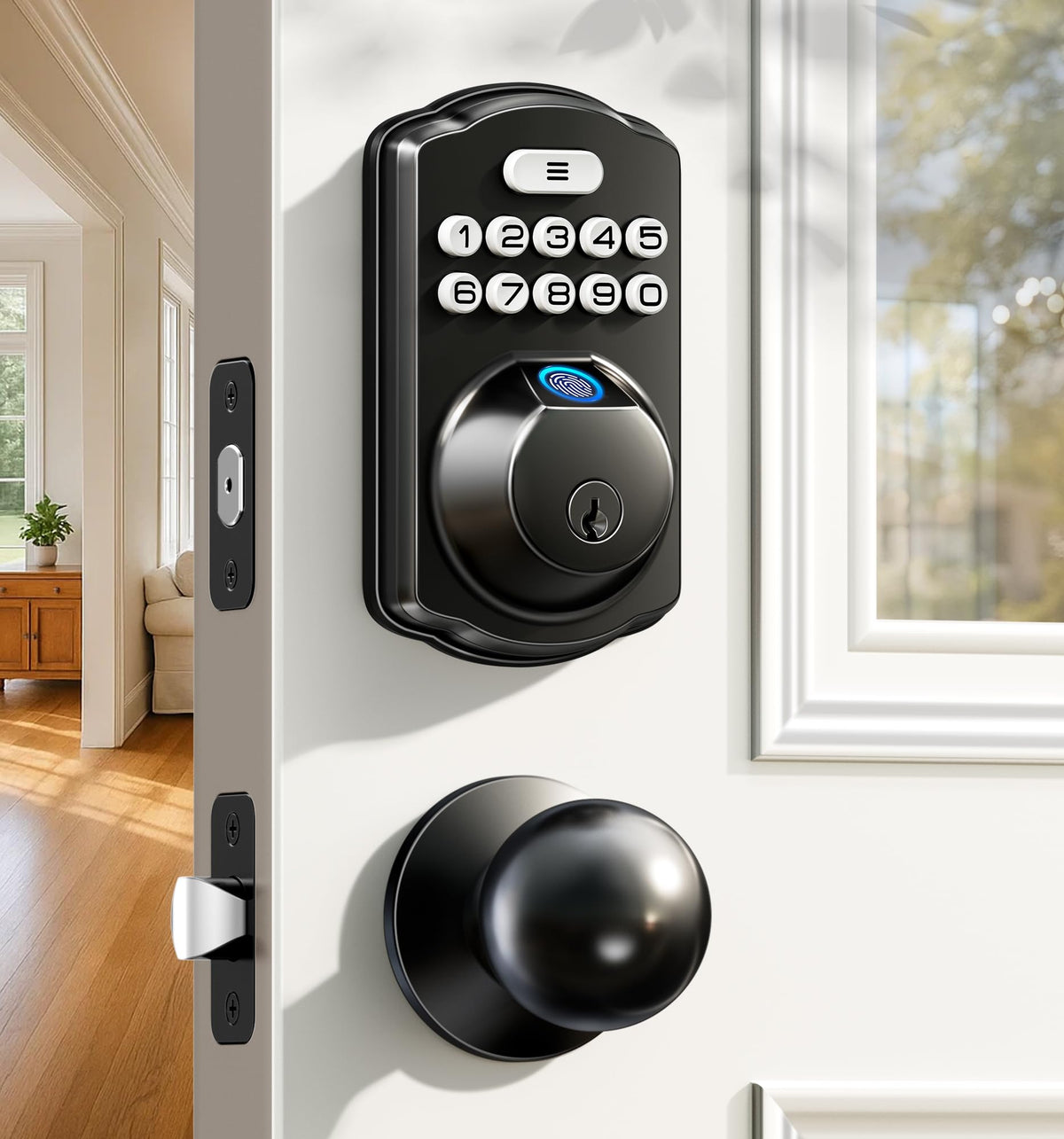 Veise fingerprint lock front view with dual knobs and matte black finish