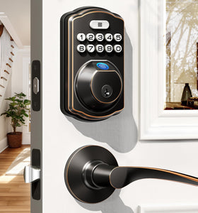 Veise fingerprint lock front view showing sleek oil-rubbed bronze finish and lever handles.