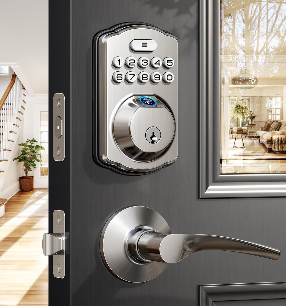 Veise fingerprint lock front view for quick keyless access in satin nickel.