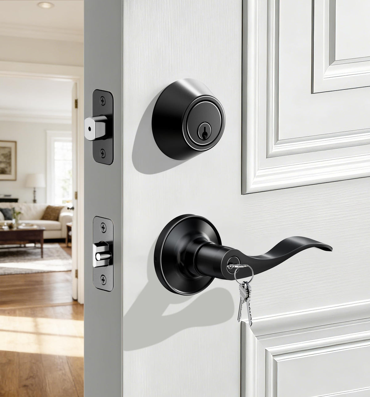 Veise keyed-alike front door lever in matte black for convenient outside access.