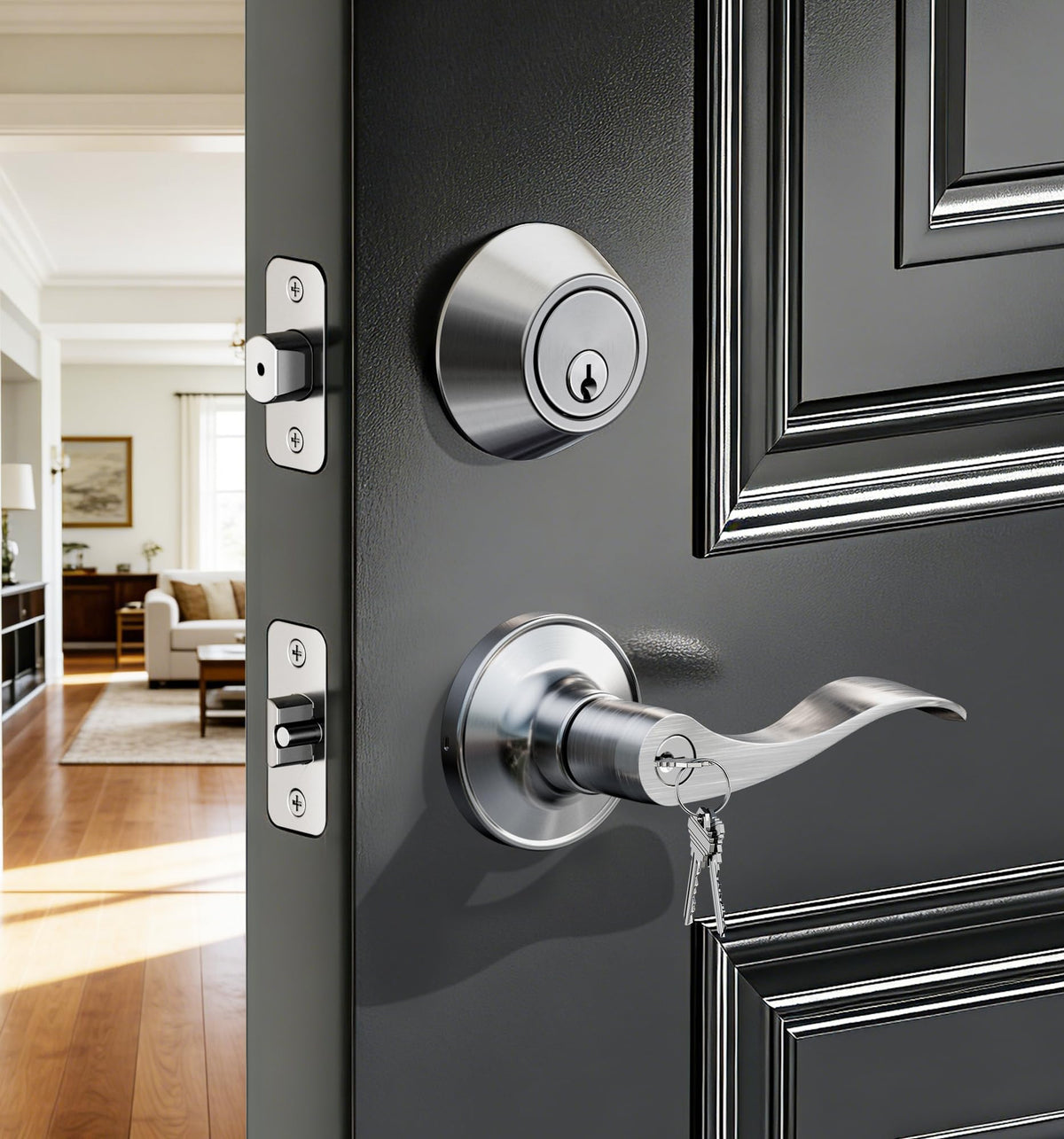 Veise keyed-alike front door lever in satin nickel for easy access