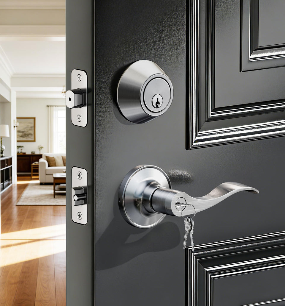Veise keyed-alike front door lever in satin nickel for easy access