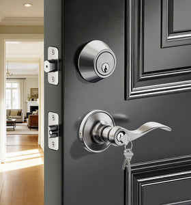 Veise keyed-alike front door lockset with satin nickel finish for secure everyday entry.