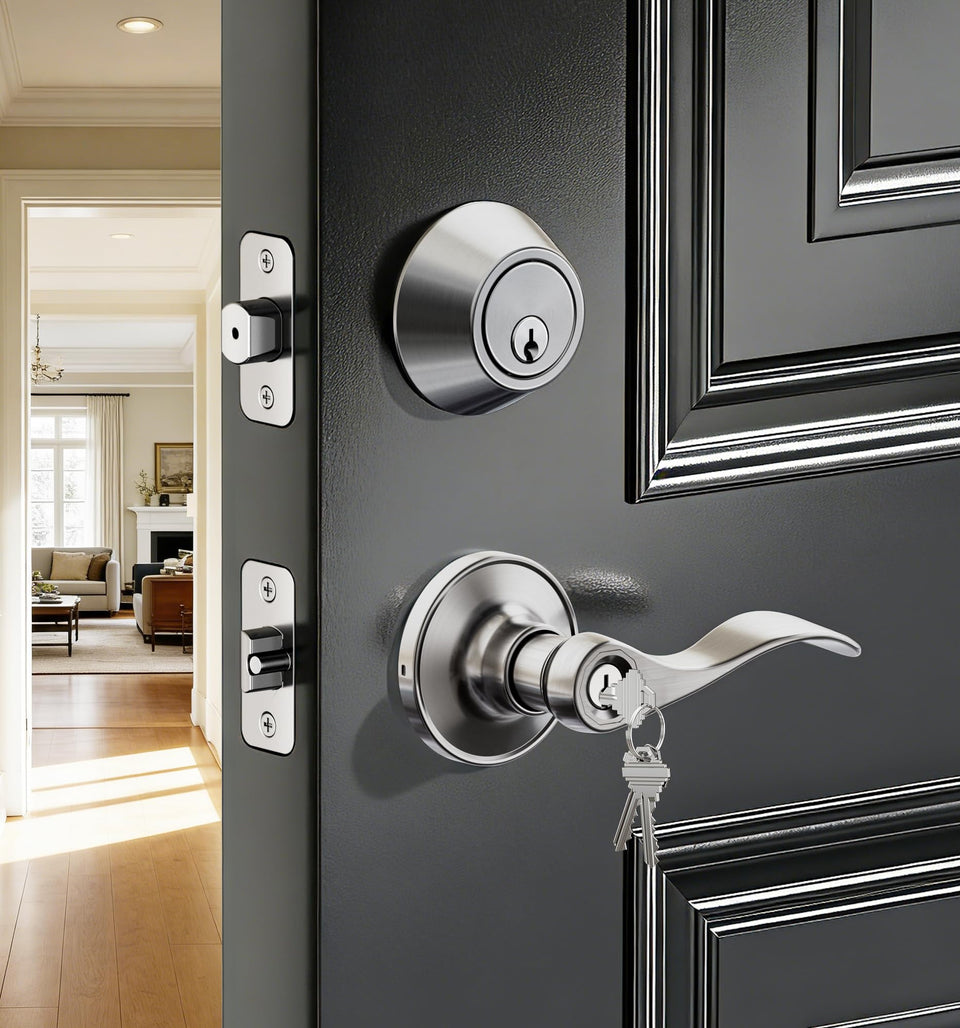 Veise keyed-alike front door lockset with satin nickel finish for secure everyday entry.