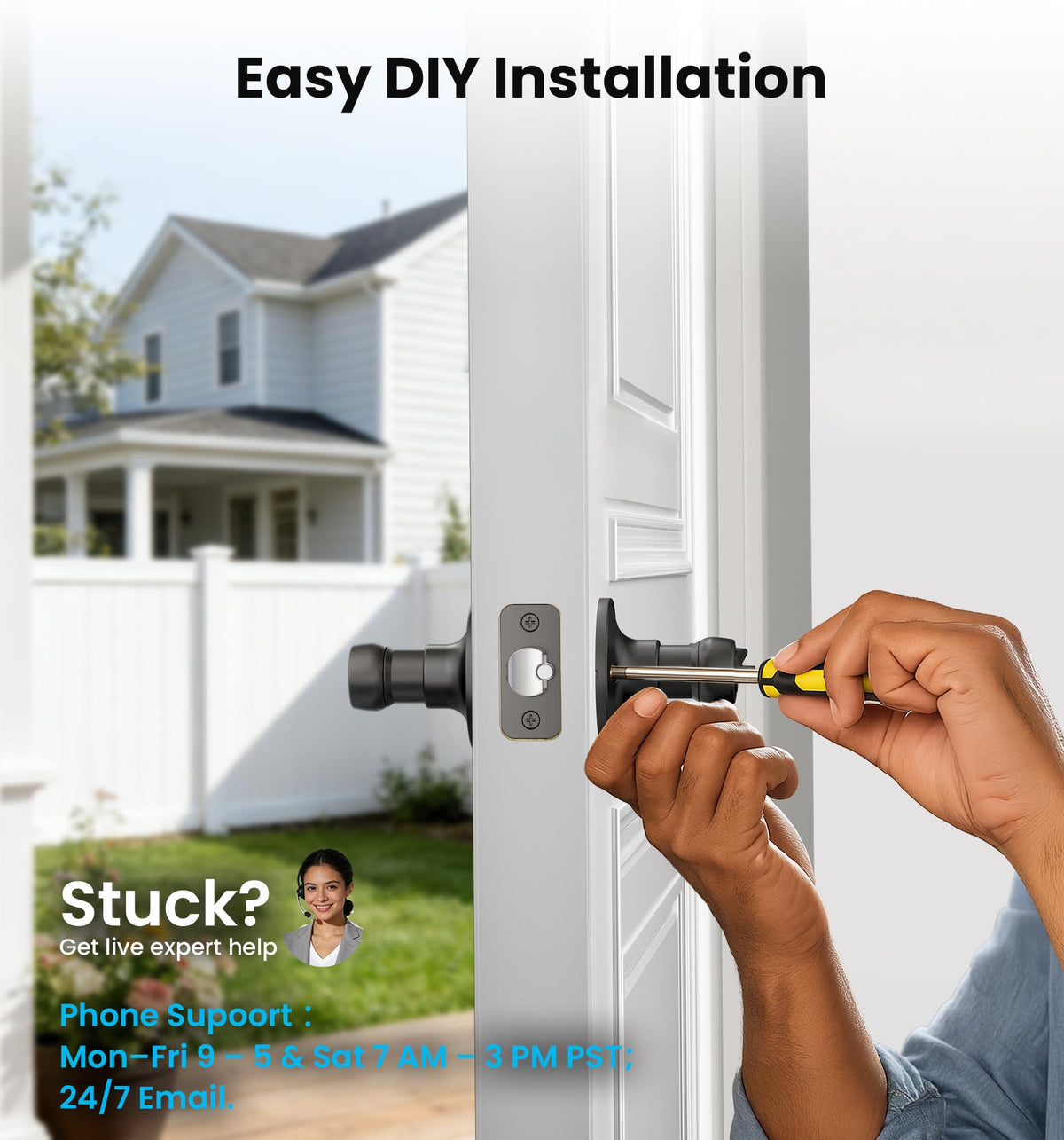 Veise lever fits standard US doors with adjustable backset and bore compatibility.