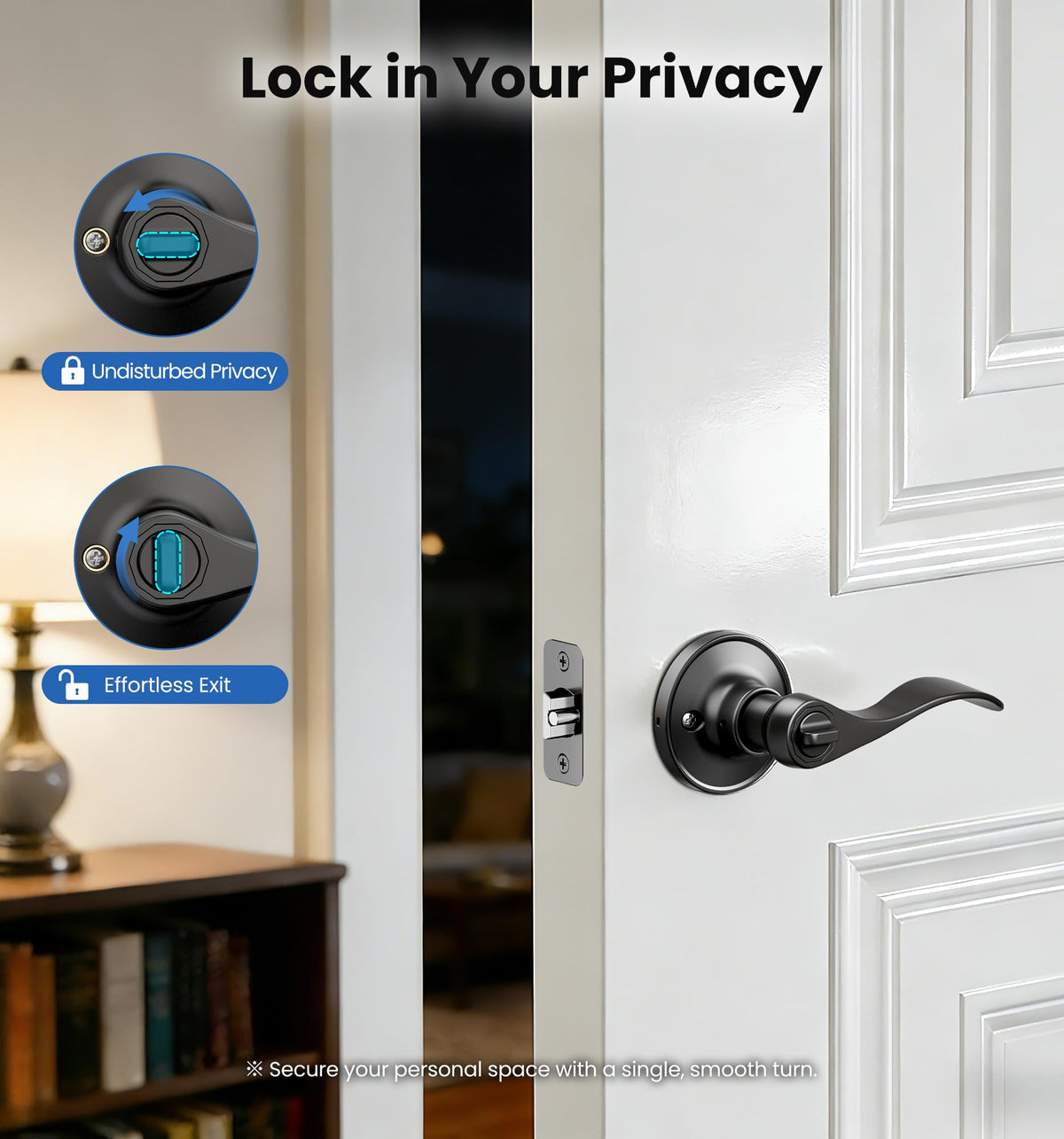 Veise matte black finish on interior door lever resists corrosion.