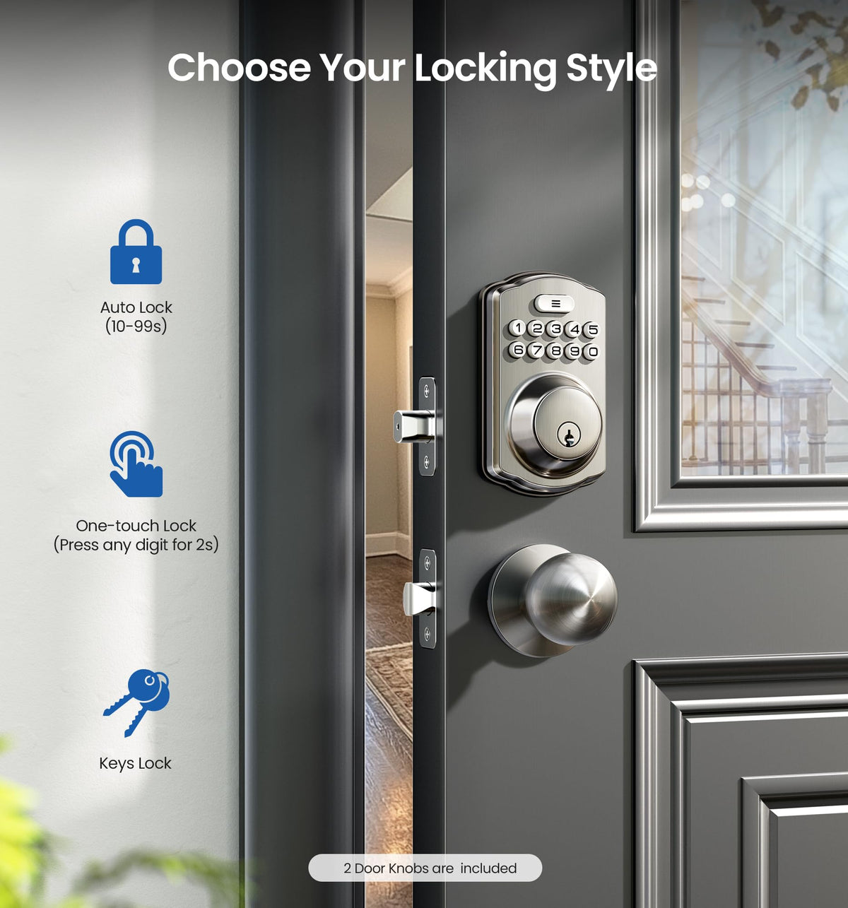 Veise keyless entry auto-lock timer helps ensure your door locks after closing.