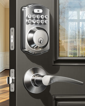 Veise keyless entry lock front view with satin nickel finish and dual levers.