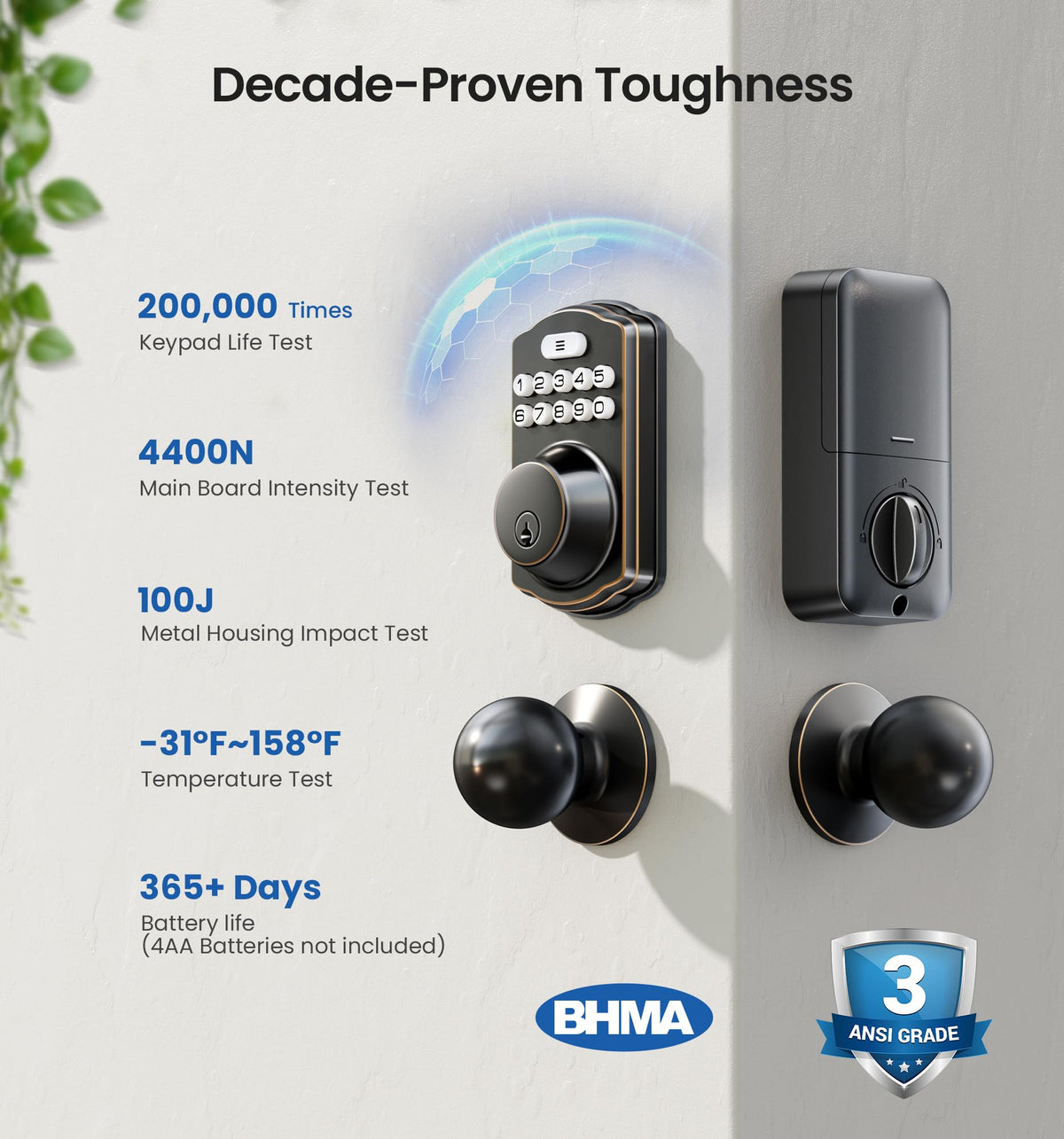 Veise ANSI Grade 3 certified lock for durable performance.