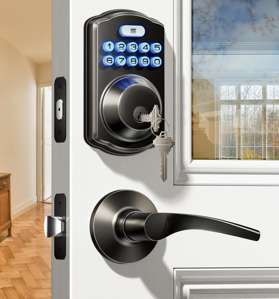 Veise keyless lock with dual levers on matte black front view for convenient access.