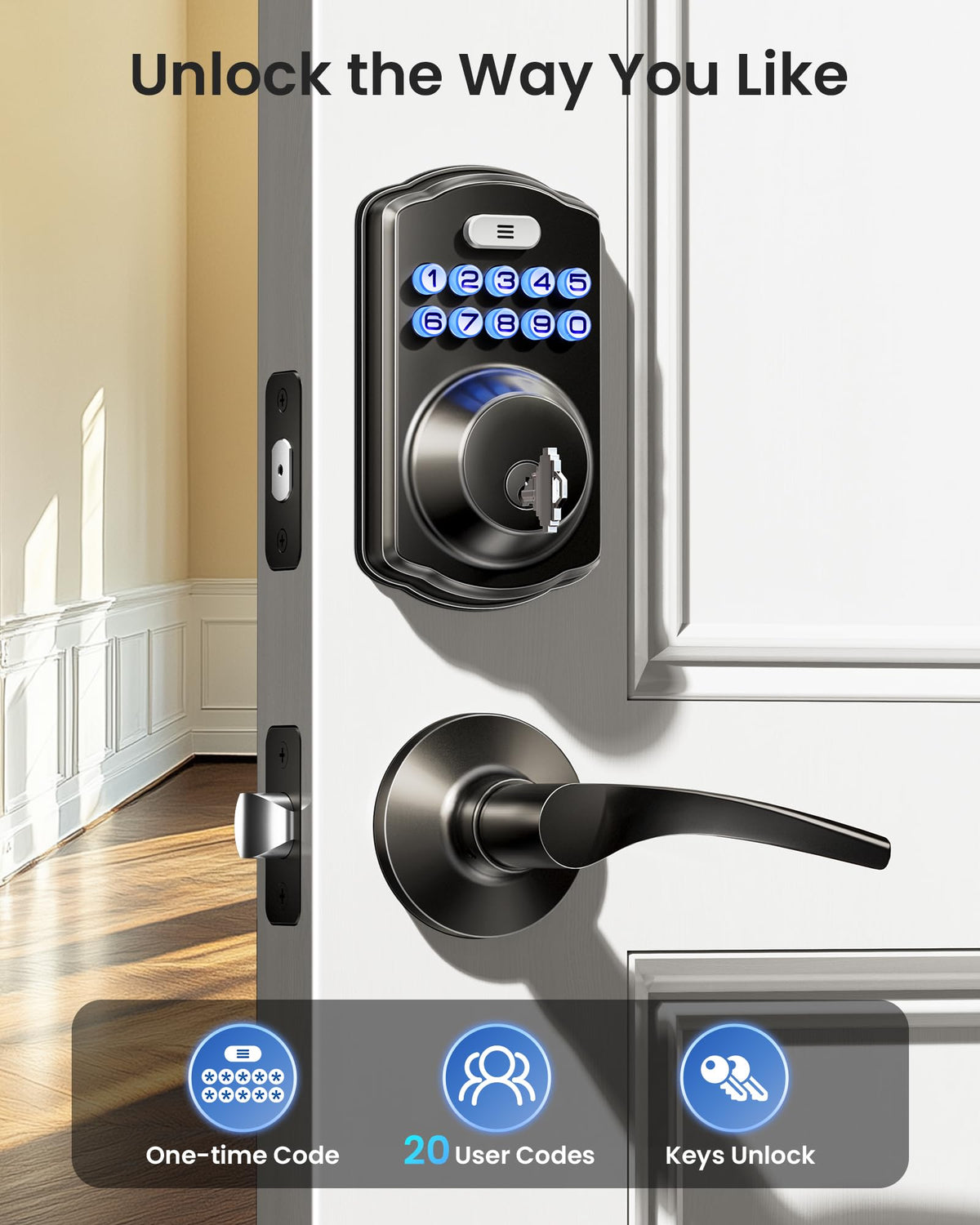 Veise keypad close-up with backlit digits for easy night entry.