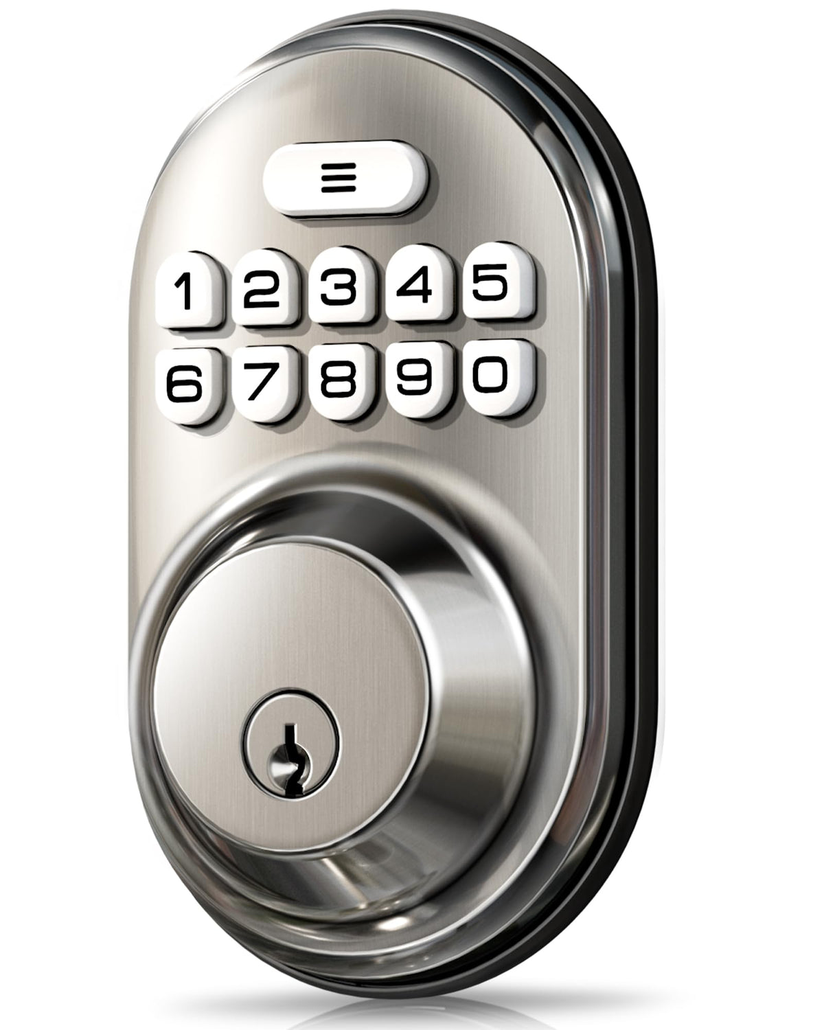 Veise keyless entry lock front view showing sleek satin nickel finish and keypad.