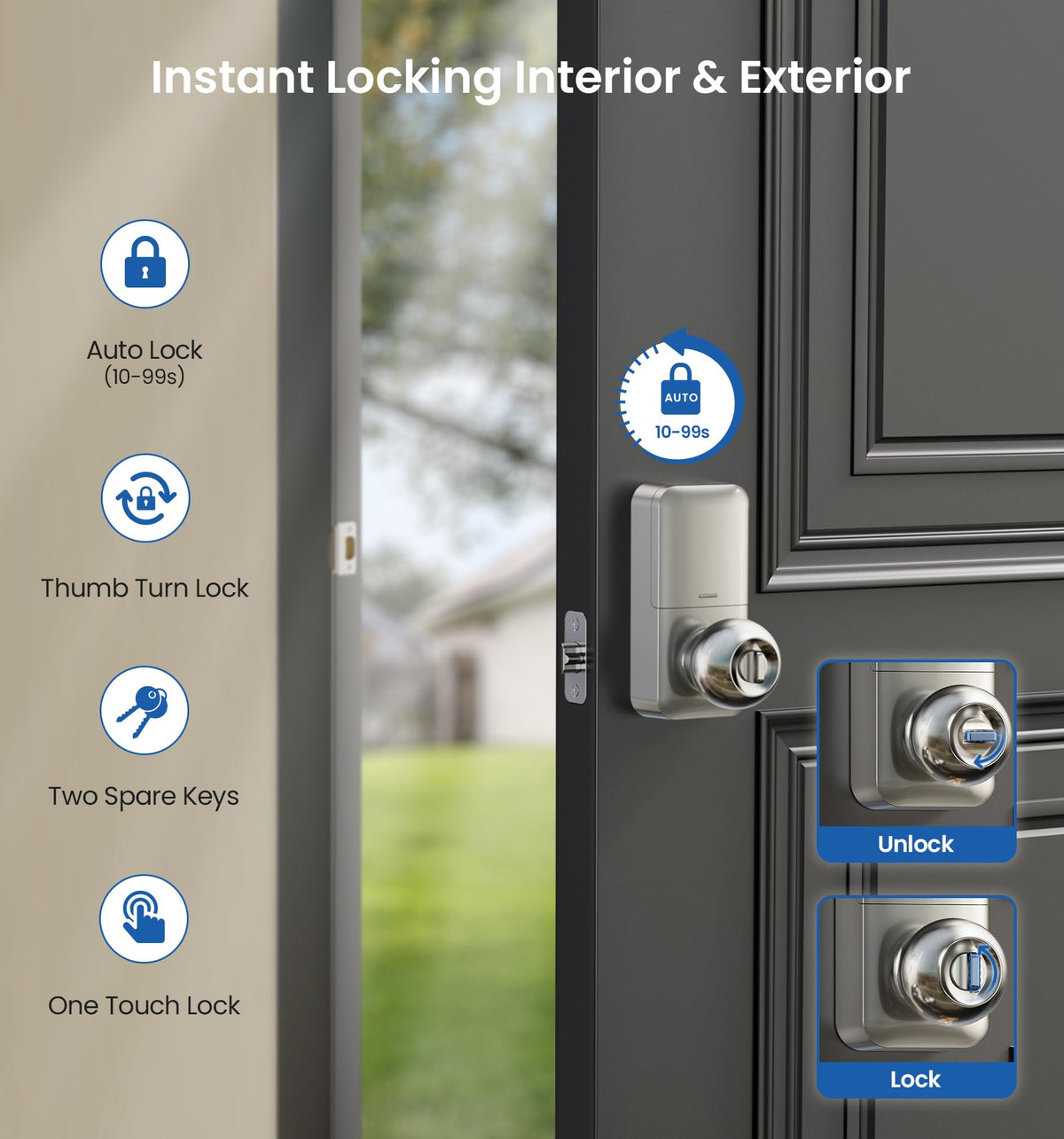 Veise Keypad Door Knob Lock auto-lock setting helps secure doors automatically.