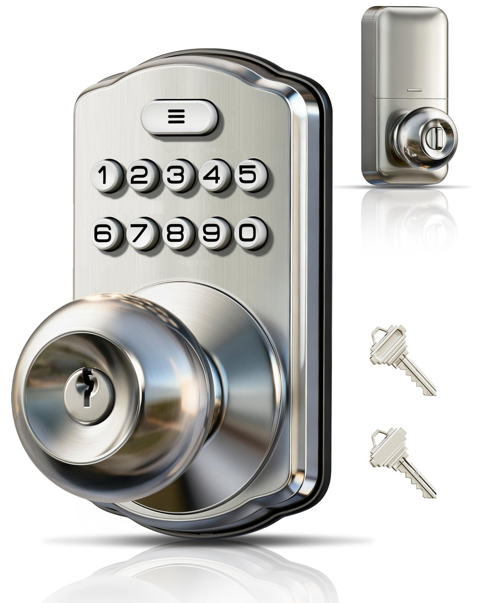 Veise Keypad Door Knob Lock on front door with backlit keypad for easy night entry.