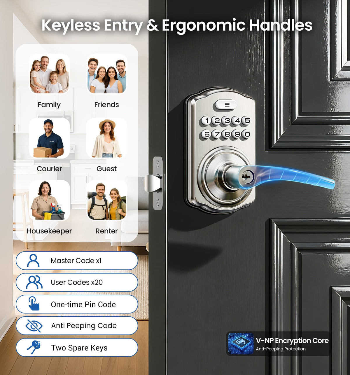 Veise keypad door lock with handle backlit keypad for easy night use