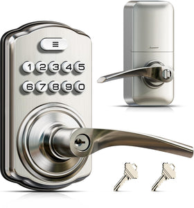 Veise keypad door lock with handle front view showing satin nickel finish for keyless entry