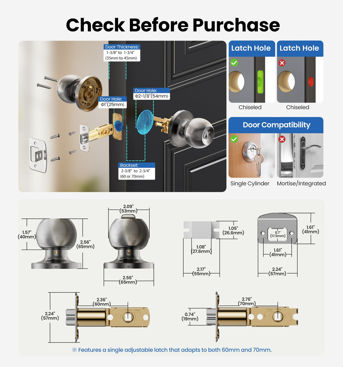 Veise Keys Alike universal backset compatibility for 2-3/8 and 2-3/4 inches.