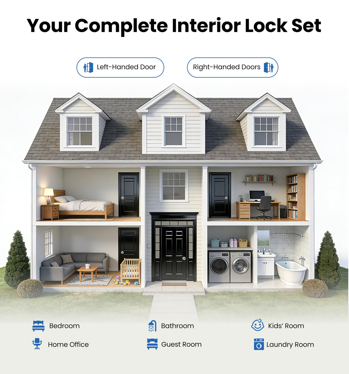Reversible knob design fits both left- and right-handed doors.