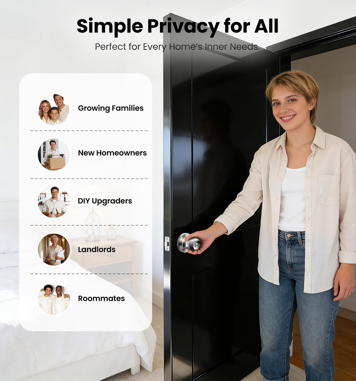 Unified privacy system ensures consistent styling across multiple interior doors.
