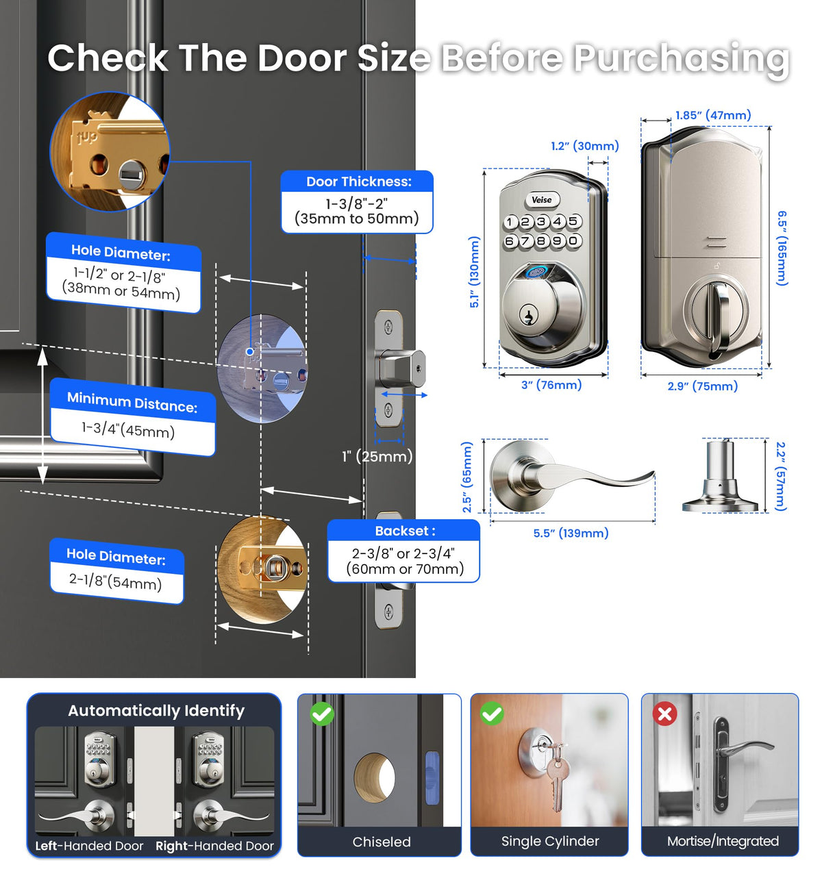 Veise VE012W-B easy installation on standard doors