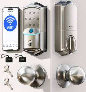 Veise VE027-K smart lock on a front door for keyless entry with sleek satin nickel finish