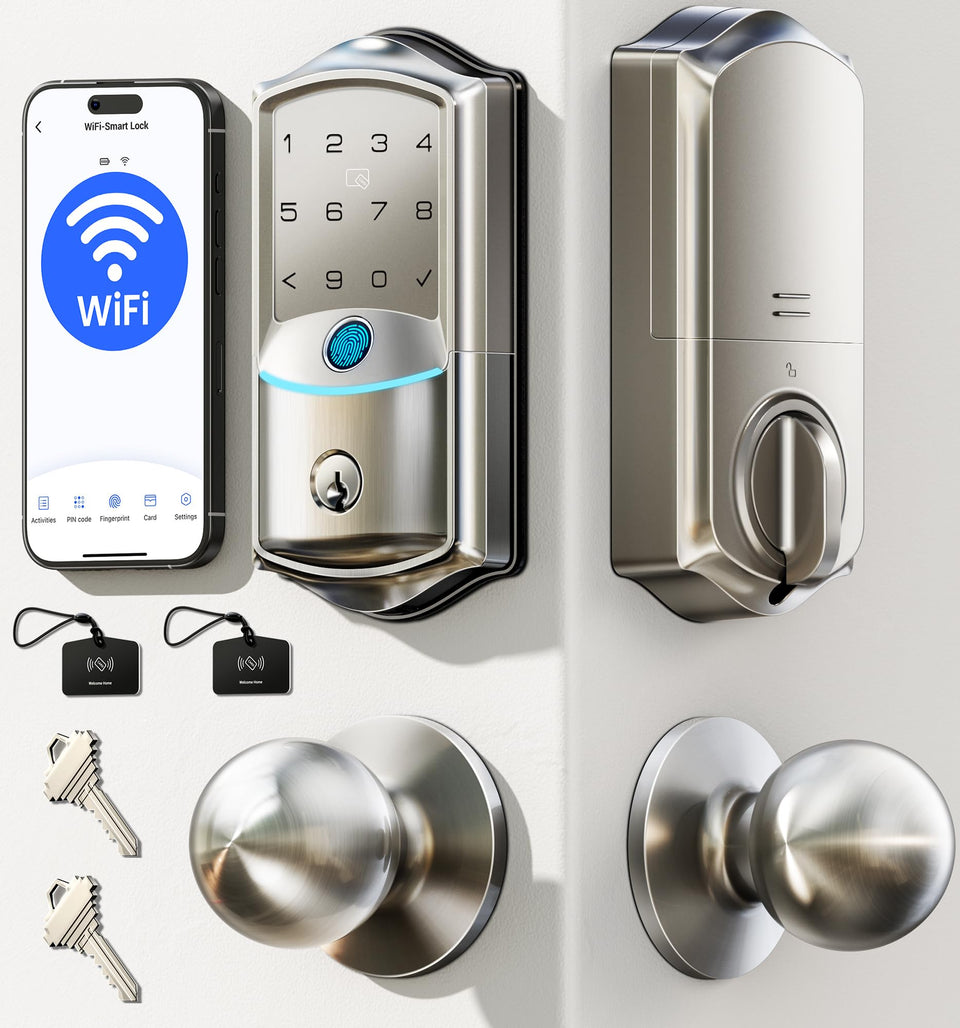 Veise VE027-K smart lock on a front door for keyless entry with sleek satin nickel finish