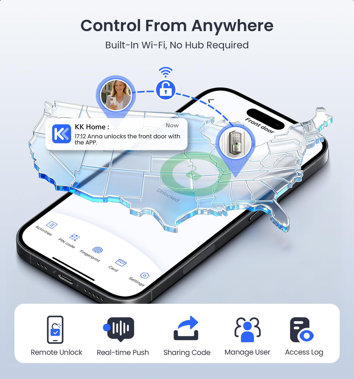 Veise VE027-K app control dashboard showing lock status and access logs