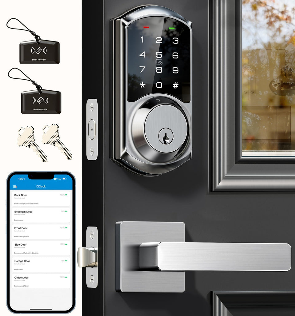 Veise VE06-L front door lock layout in satin nickel finish for secure entry.