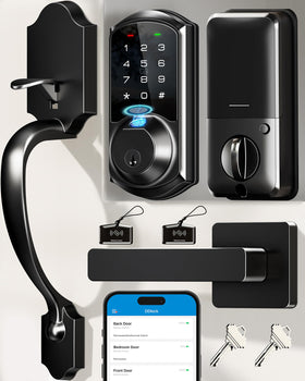 Veise VE07-H fingerprint smart lock on front door showing keyless entry capability.