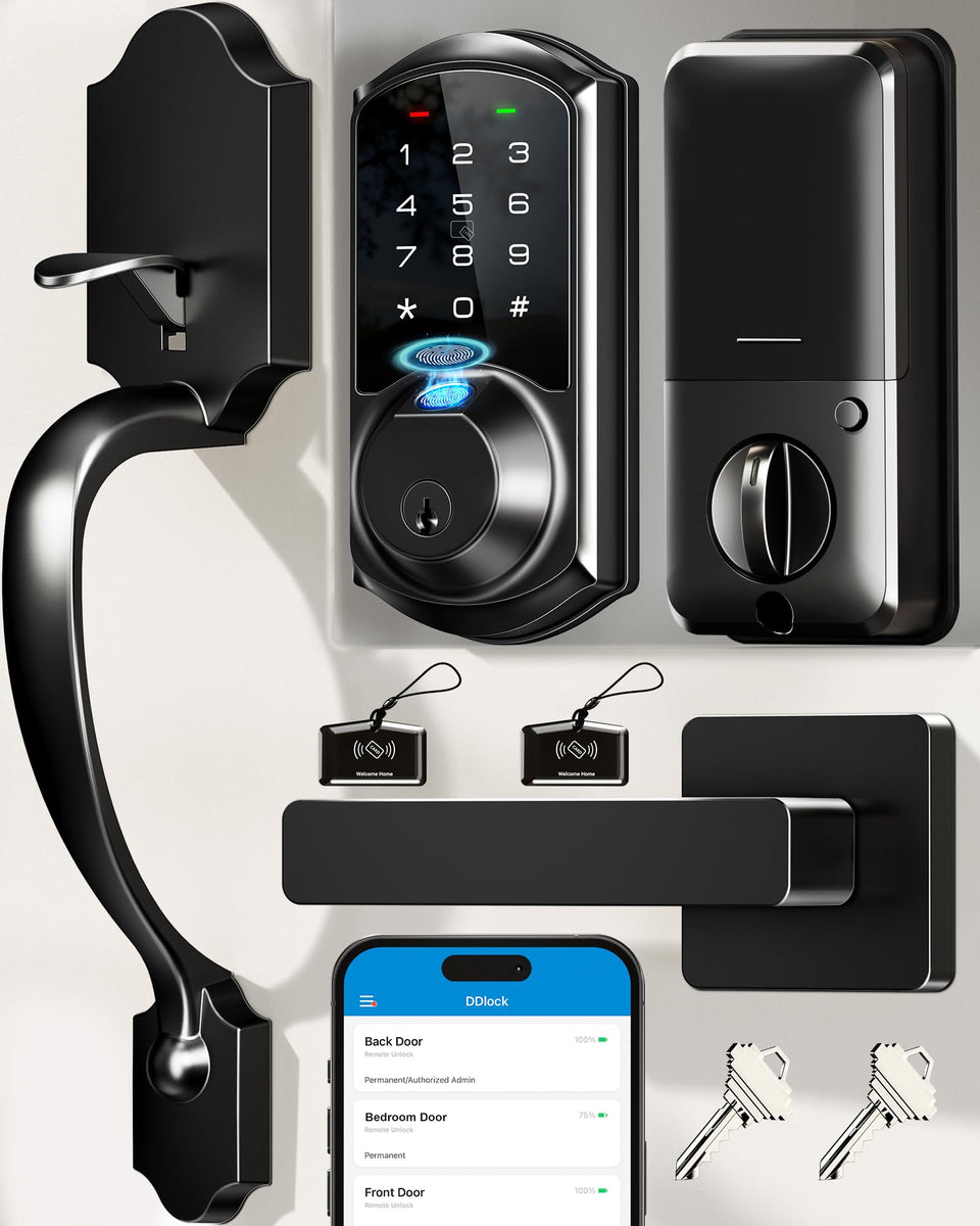 Veise VE07-H fingerprint smart lock on front door showing keyless entry capability.