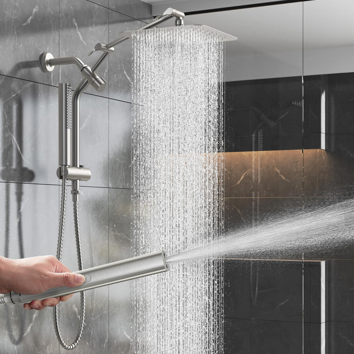 Veken 10-inch square shower head delivers wide rainfall for a spa-like shower.