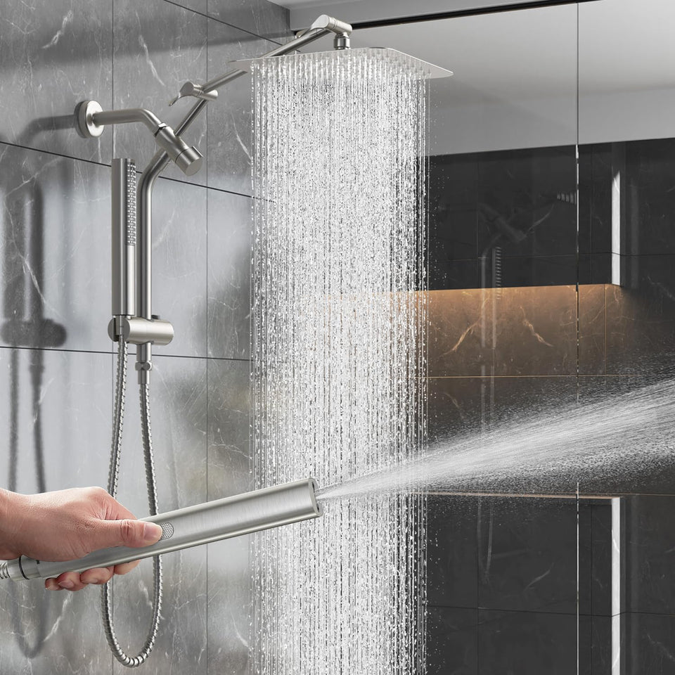 Veken 10-inch square shower head delivers wide rainfall for a spa-like shower.