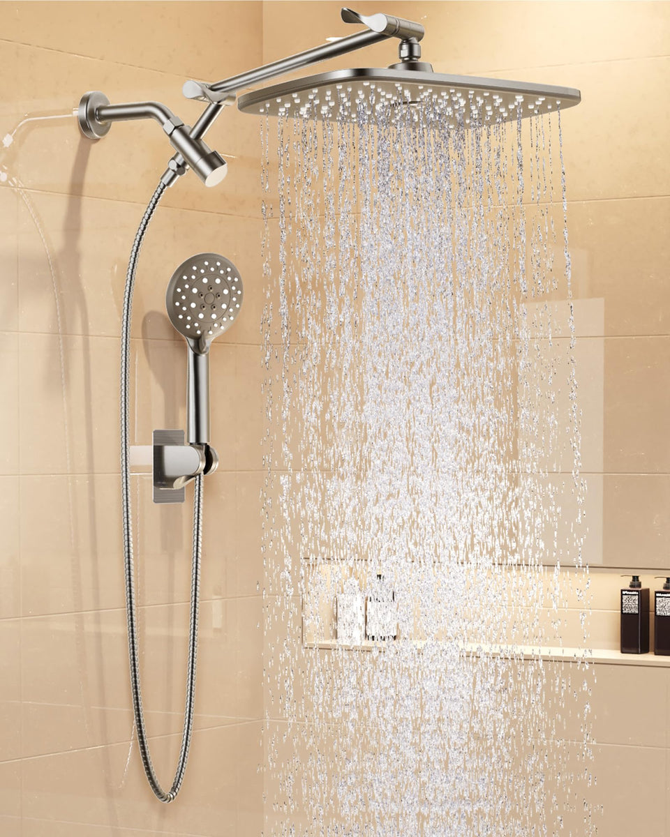 Veken 11.8-inch rainfall shower head in brushed nickel for full-body coverage.