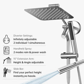 Veken 15-inch extension arm compatible with dual showerhead setup