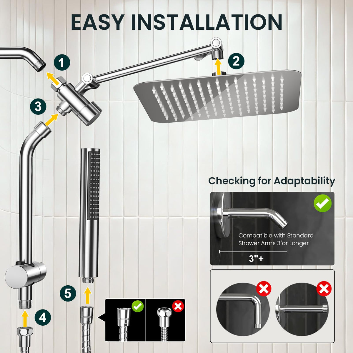 Chrome finish dual showerhead by Veken adds a modern bathroom touch