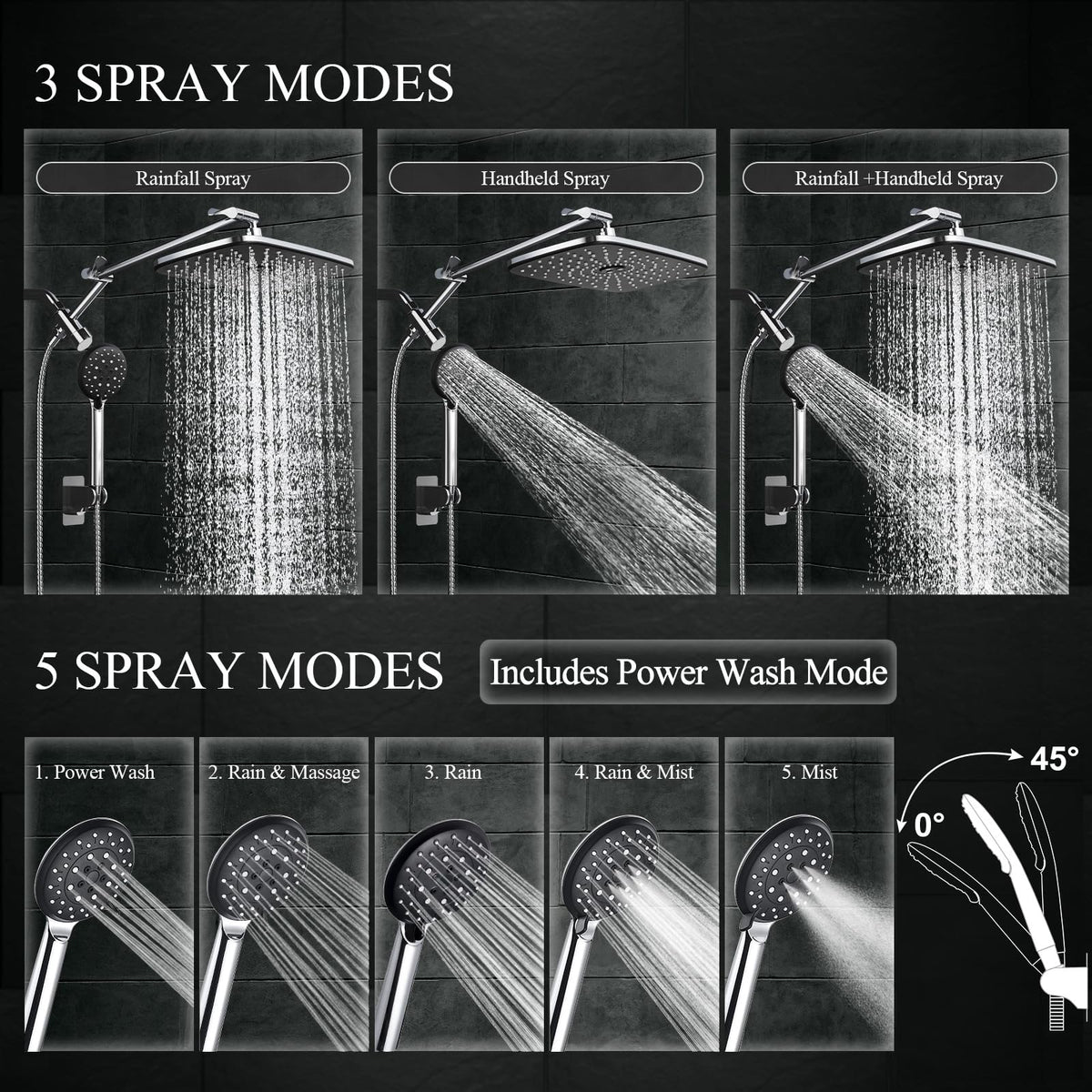 Veken detachable dual shower switches between rainfall and handheld modes