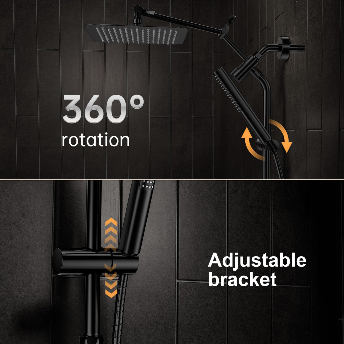 Veken dual adjustable showerhead showing height and angle customization