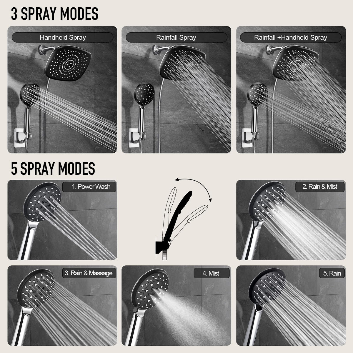 Veken detachable dual shower heads enable easy switching between overhead and handheld streams.