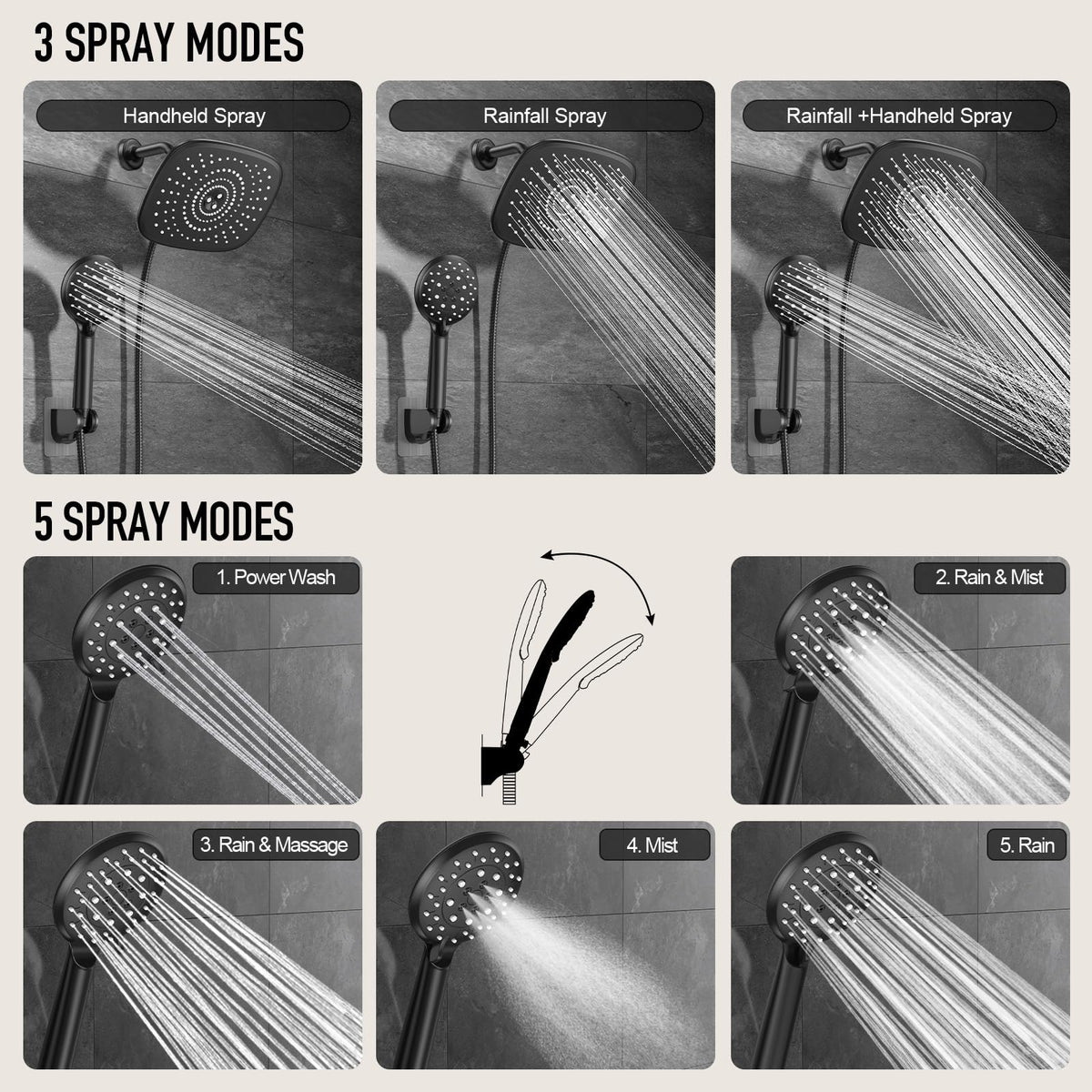 Veken dual shower head setup delivers seamless switching between fixed and handheld streams.