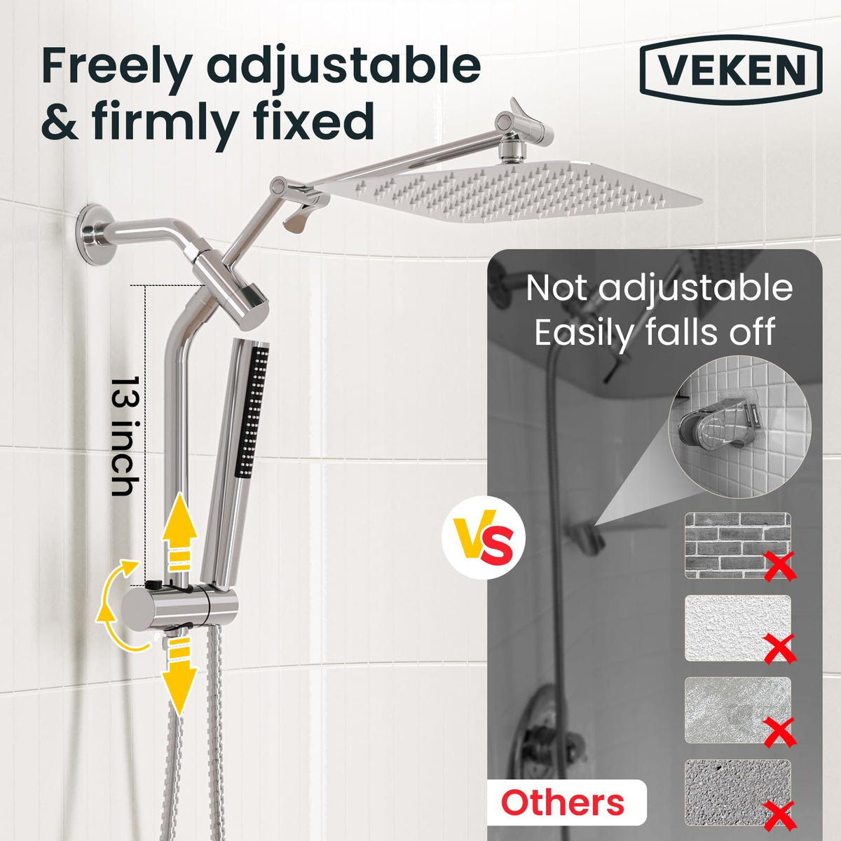 Veken dual showerhead with extension arm and adjustable slide bar for flexible showering