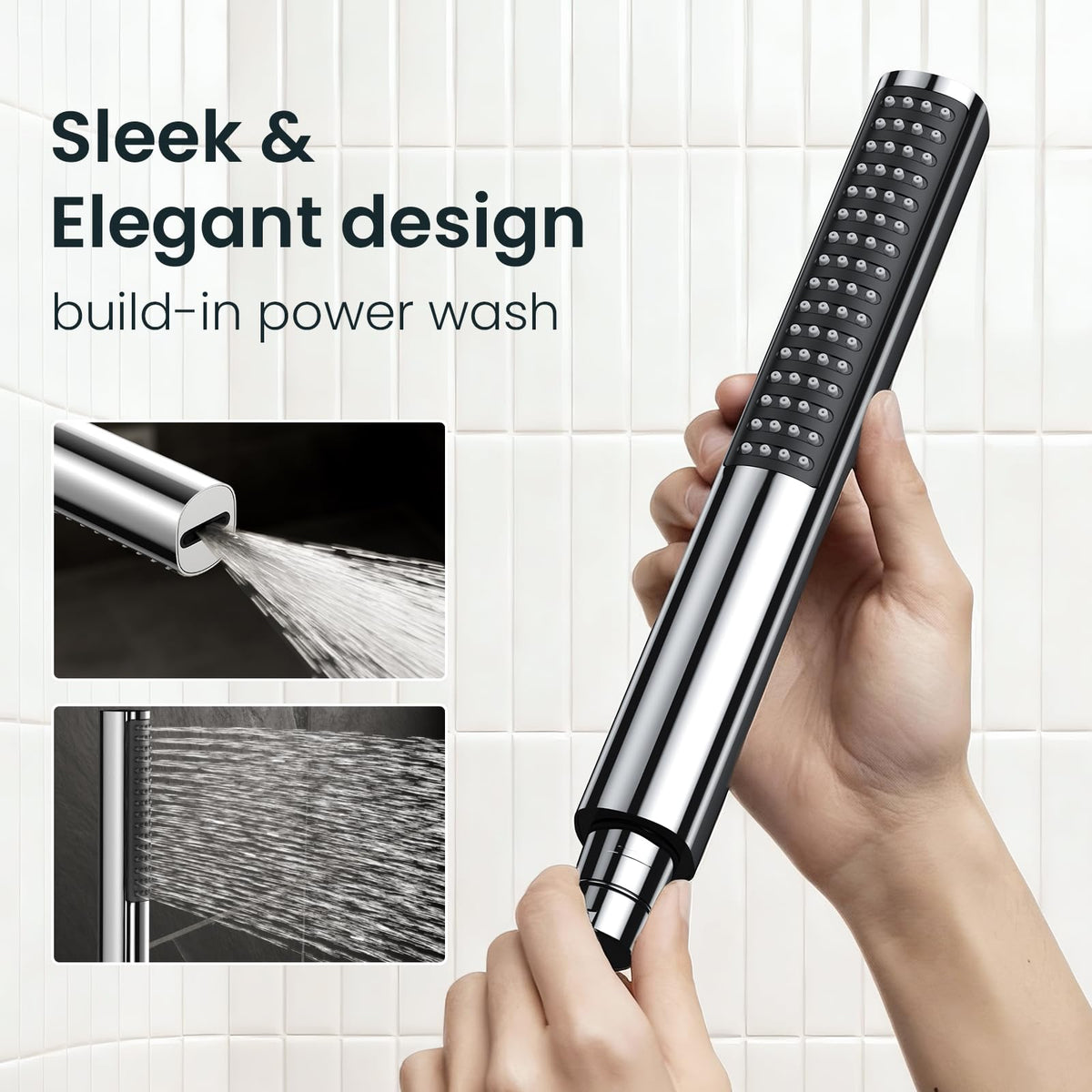 Handheld shower head with 60-inch hose ready for reach and cleaning